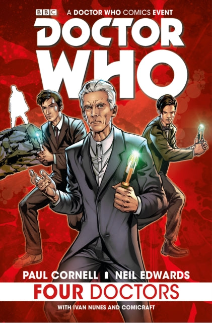Doctor Who Four Doctors comic cover featuring four Doctors and the TARDIS.