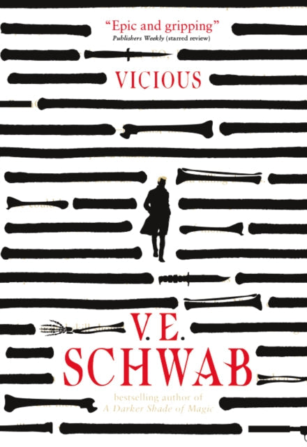 Vicious by V.E. Schwab book cover with black and white stripes and a silhouette of a person.