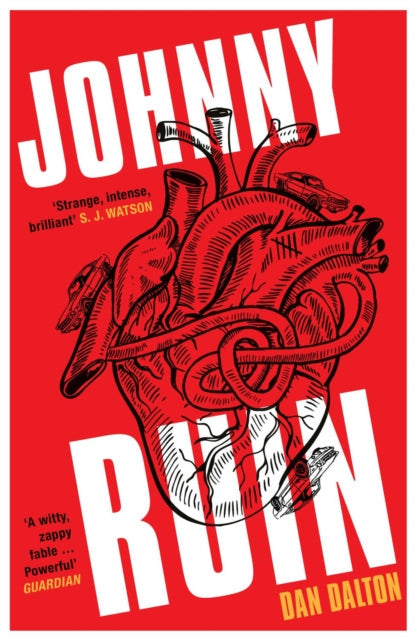 Book cover for Johnny Ruin by Dan Dalton featuring a red heart with cars.
