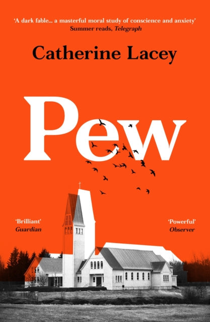 Book cover for "Pew" by Catherine Lacey featuring a church and birds.