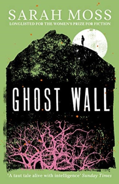 Ghost Wall book cover with a silhouette of a person on a hill under a moon.
