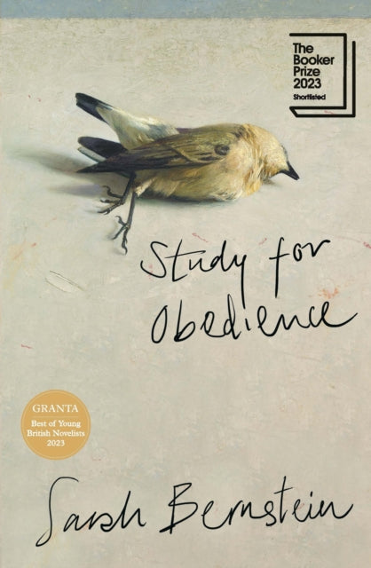 Book cover for "Study for Obedience" by Sarah Bernstein, featuring a bird and awards.