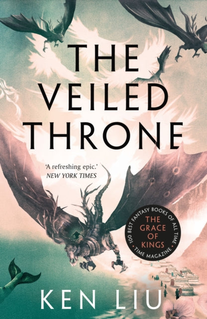 The Veiled Throne by Ken Liu, a fantasy novel cover featuring dragons and a quote from the New York Times.