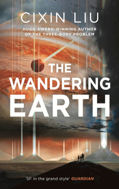 The Wandering Earth book cover featuring a planet and a family silhouetted against a dramatic sky.