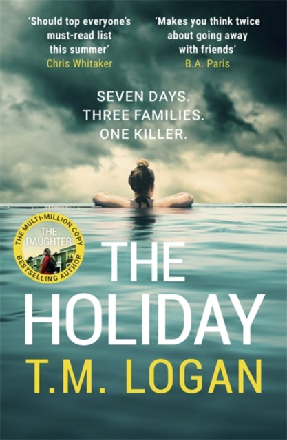 The Holiday by T.M. Logan book cover with a woman in a pool.