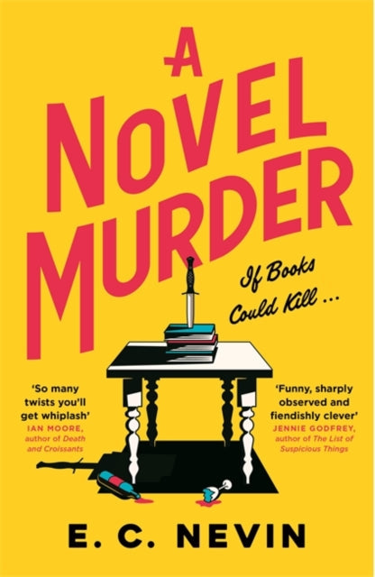 A Novel Murder book cover with a knife stuck in a stack of books.