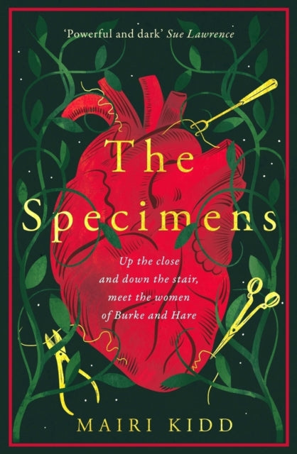 Book cover for The Specimens by Mairi Kidd featuring a red heart and surgical tools.