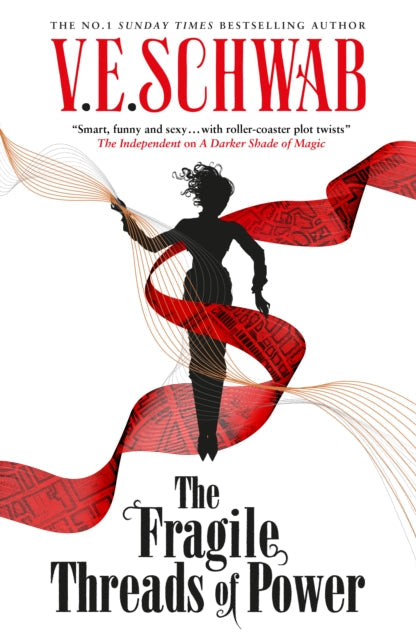 The Fragile Threads of Power book cover featuring a silhouette and red ribbons.