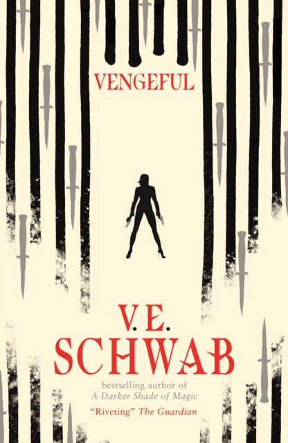 Book cover for Vengeful by V.E. Schwab featuring a silhouette of a woman with guns.