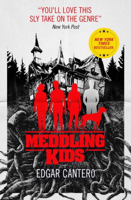 Meddling Kids book cover featuring a haunted house and silhouetted figures.