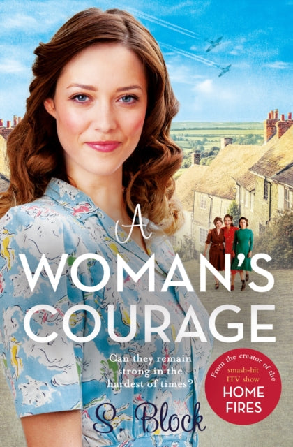 A Woman's Courage book cover featuring a woman and a village scene.