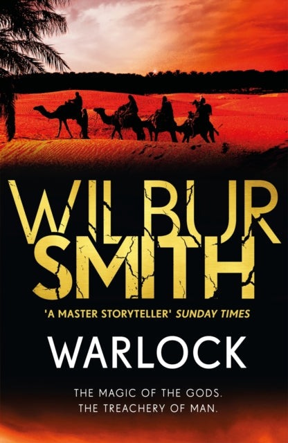Book cover for Warlock by Wilbur Smith, featuring a desert caravan at sunset.