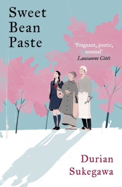 Sweet Bean Paste book cover with three figures and cherry blossoms.