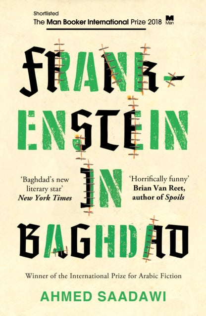 Frankenstein in Baghdad book cover with stitched text and awards.