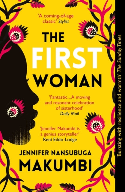 The First Woman book cover with yellow background and black silhouette.