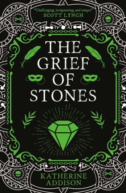 The Grief of Stones book cover with a green diamond and decorative border.
