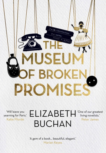 The Museum of Broken Promises book cover with gold lettering and puppet-like objects.