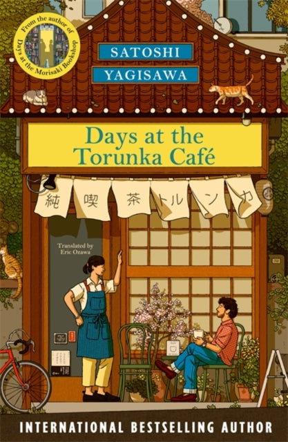 Book cover for "Days at the Torunka Cafe" featuring a cafe scene with people and cats.