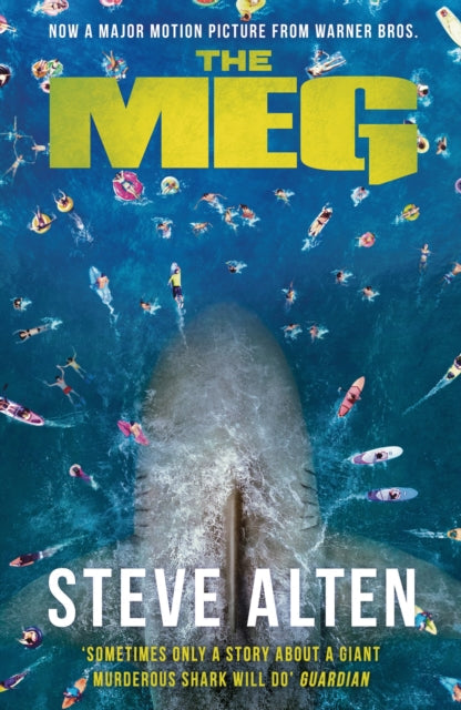 The Meg book cover featuring a giant shark and swimmers.
