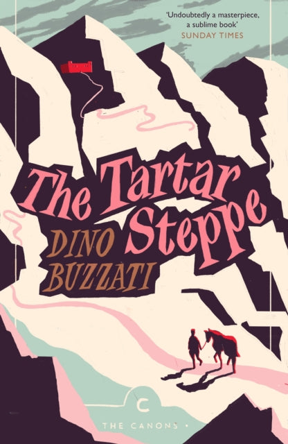 The Tartar Steppe book cover with mountains and a lone figure with a horse.