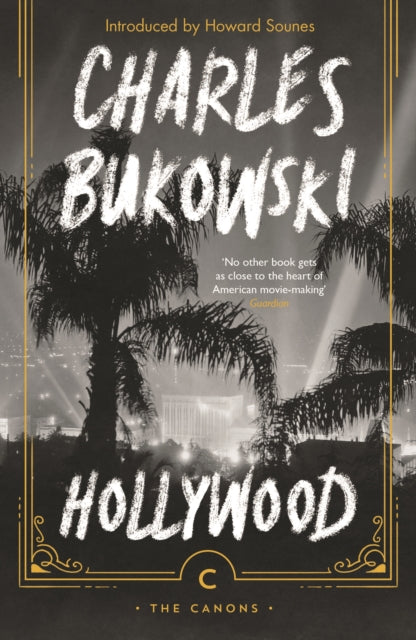 Charles Bukowski's "Hollywood" book cover with palm trees and city lights.