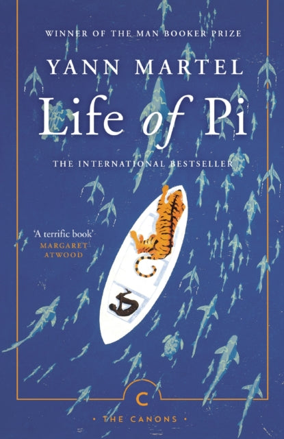 Life of Pi book cover with a tiger in a lifeboat surrounded by sharks.