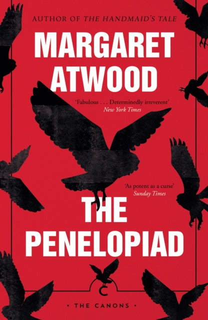 The Penelopiad by Margaret Atwood book cover with black birds on a red background.