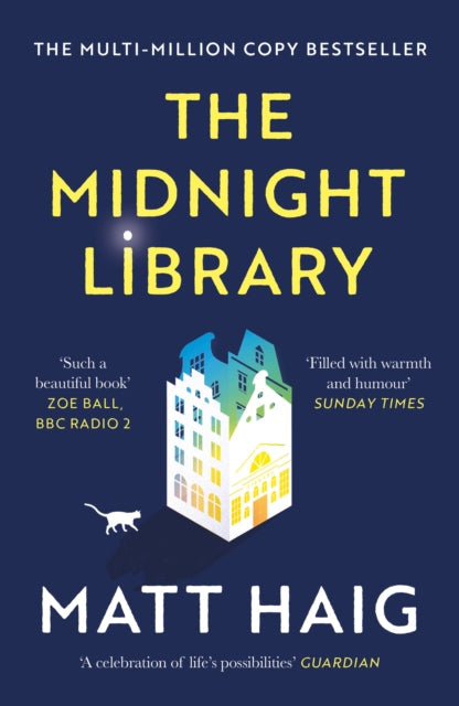 The Midnight Library book cover featuring a stylized building and a cat.