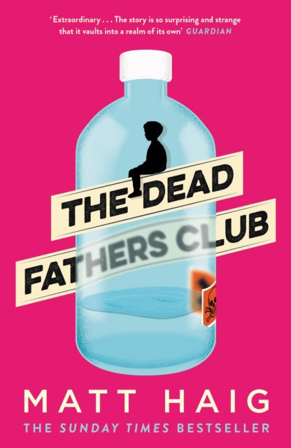 The Dead Fathers Club book cover featuring a bottle with a silhouette of a child and a skull and crossbones symbol.