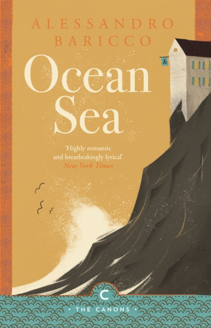 Ocean Sea book cover with a cliffside inn and crashing waves.