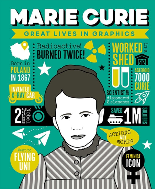 Marie Curie infographic with facts about her life and achievements.