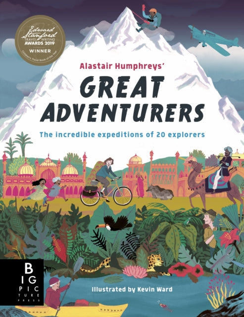 Alastair Humphreys' Great Adventurers book cover with illustrations of explorers and landscapes.