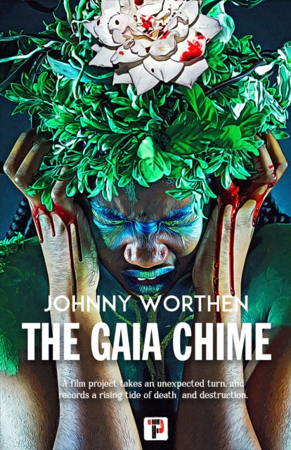 A film poster for "The Gaia Chime" featuring a person with flowers and blood.