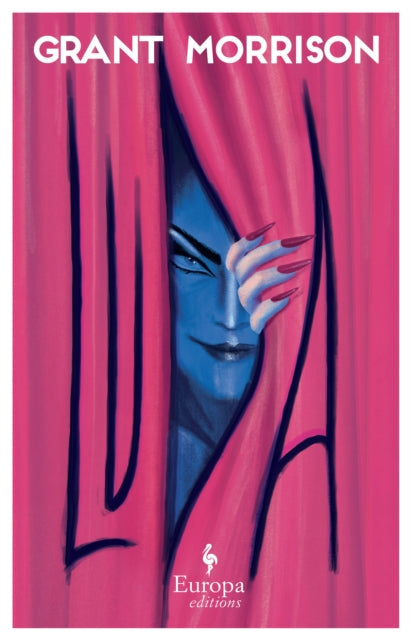 Luda by Grant Morrison, a novel cover featuring a blue-faced figure peeking through pink curtains.