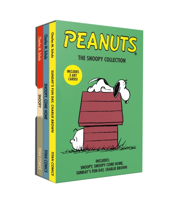 Peanuts The Snoopy Collection boxed set with three books and art cards.
