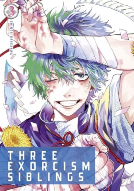 Three Exorcism Siblings Vol. 3 manga cover featuring a young man with green and blue hair.