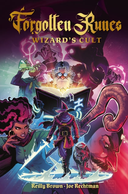 Forgotten Runes: Wizard's Cult comic book cover featuring wizards and a wolf.