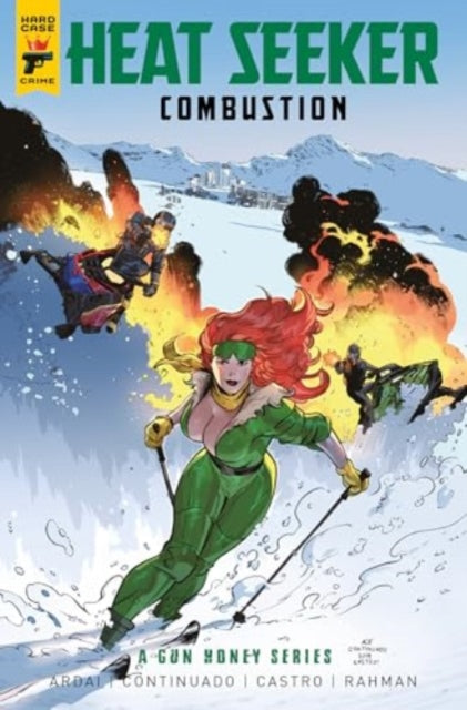 Comic book cover featuring a woman skiing with explosions in the background.