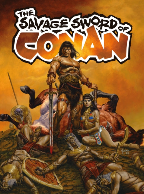 The Savage Sword of Conan comic cover features Conan standing over defeated enemies.