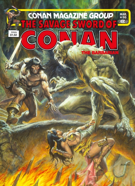 Conan the Barbarian fights a monster while a woman lies below him.