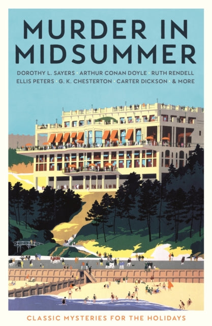Murder in Midsummer book cover featuring a vintage illustration of a hotel by the sea.
