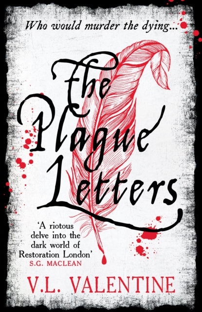 Book cover for The Plague Letters featuring a red feather and blood splatters.