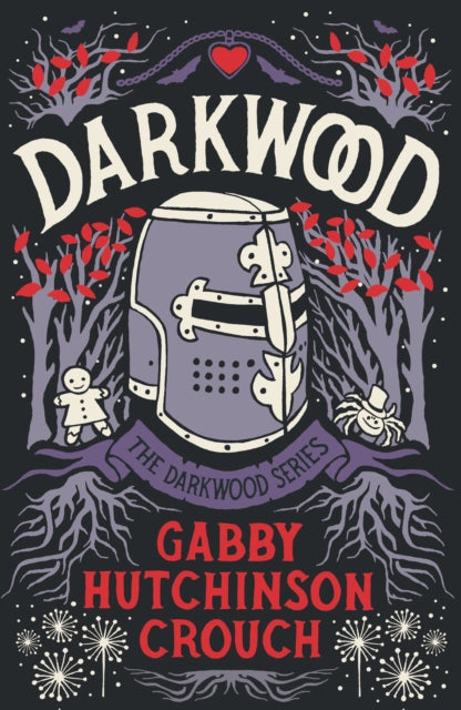Book cover for Darkwood featuring a knight's helmet and forest elements.