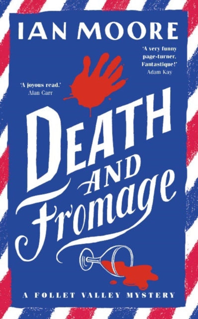 Death and Fromage book cover with red handprint and spilled wine.