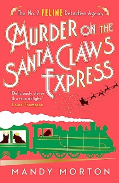 Book cover for "Murder on the Santa Claws Express" featuring a green train and Santa's sleigh.