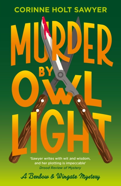 Book cover for Murder by Owl Light featuring scissors and blood.
