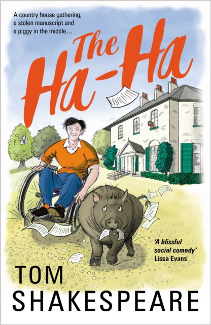 The Ha-Ha book cover features a man in a wheelchair and a pig with scattered papers.