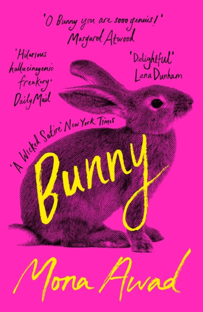 Book cover for Bunny by Mona Awad featuring a pink background and a stylized rabbit.