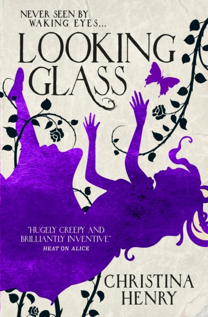 Book cover for "Looking Glass" featuring purple silhouettes of falling figures and a butterfly.