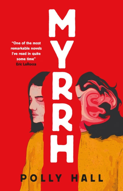 Book cover for Myrrh by Polly Hall, featuring a red background and split portraits.